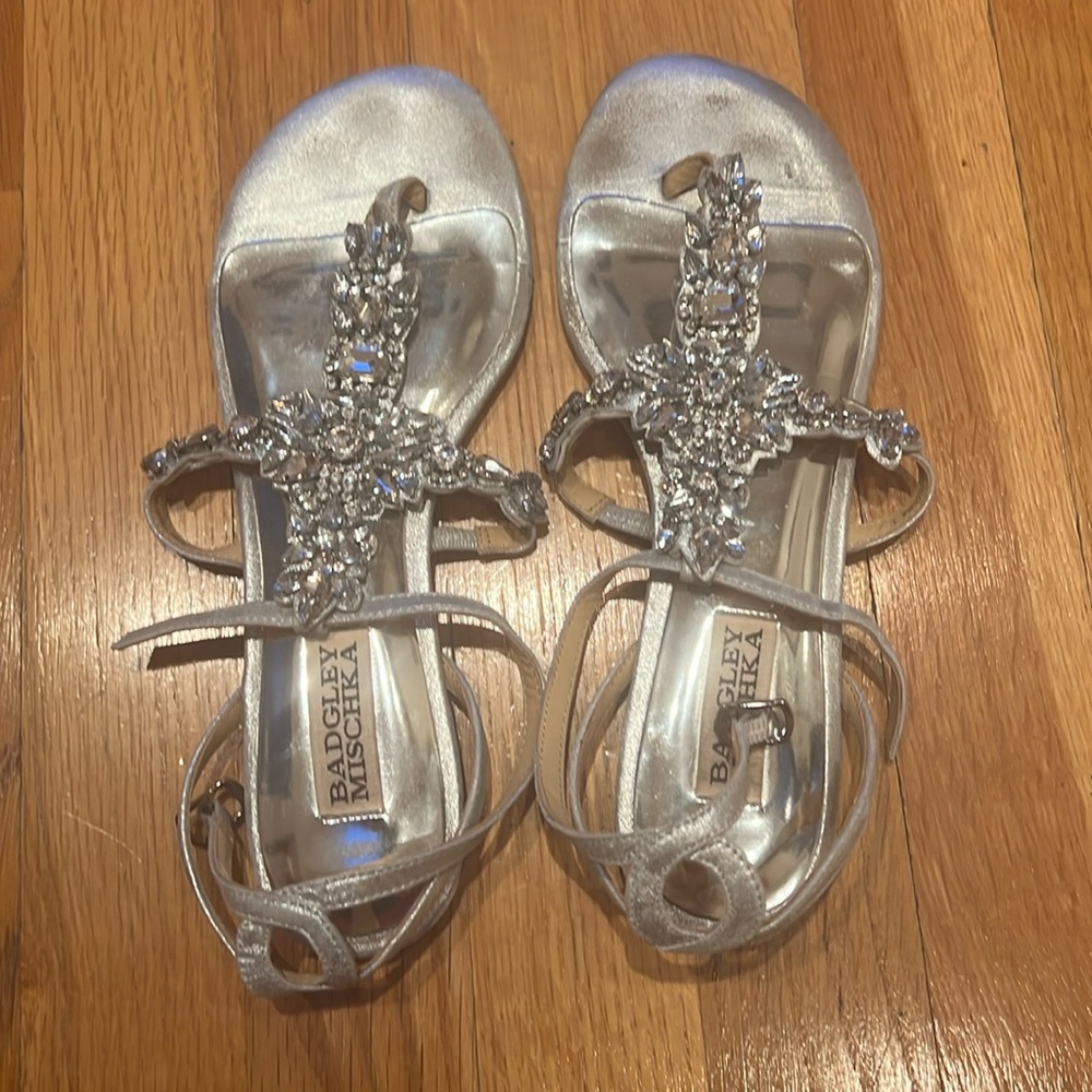 Badgley Mischka Silver Jeweled T-Strap Sandals